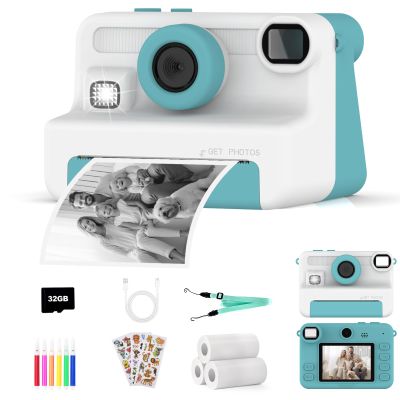 AMZSA Now Kids Camera Instant Print, 1080P Video, Children Christmas Birthday Gifts for Girls Age 3-12, Toddler Print Digital Camera Toy for 4 5 6 7 8 9 10 11 Years Old with 32GB Card,6 pens