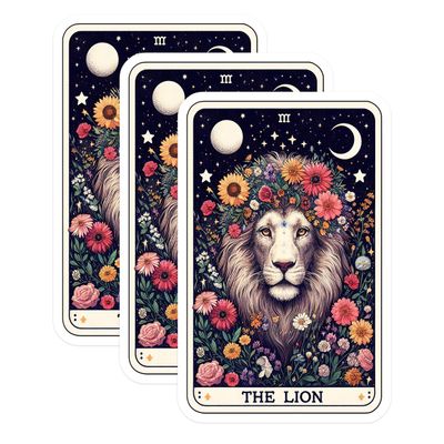 (3 Pack) Lion Tarot Decals - Floral Crown Animals - Celestial Laptop Decals - 3 Inches On Longest Side - Easy Peel & Apply - Made in USA - 3MCS4214