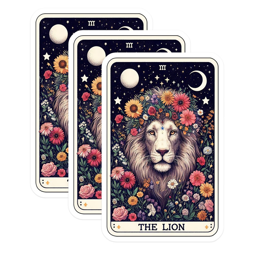 (3 Pack) Lion Tarot Decals - Floral Crown Animals - Celestial Laptop Decals - 3 Inches On Longest Side - Easy Peel & Apply - Made in USA - 3MCS4214
