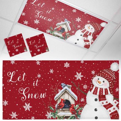 2 Pack Fluorescent Light Cover for Ceiling Lights, Red Snowman Christmas Magnetic Classroom Light Filters 4x2 Feet, Xmas Snowflake Birds Berry Winter Decorative Ceiling Shade Panel for Office