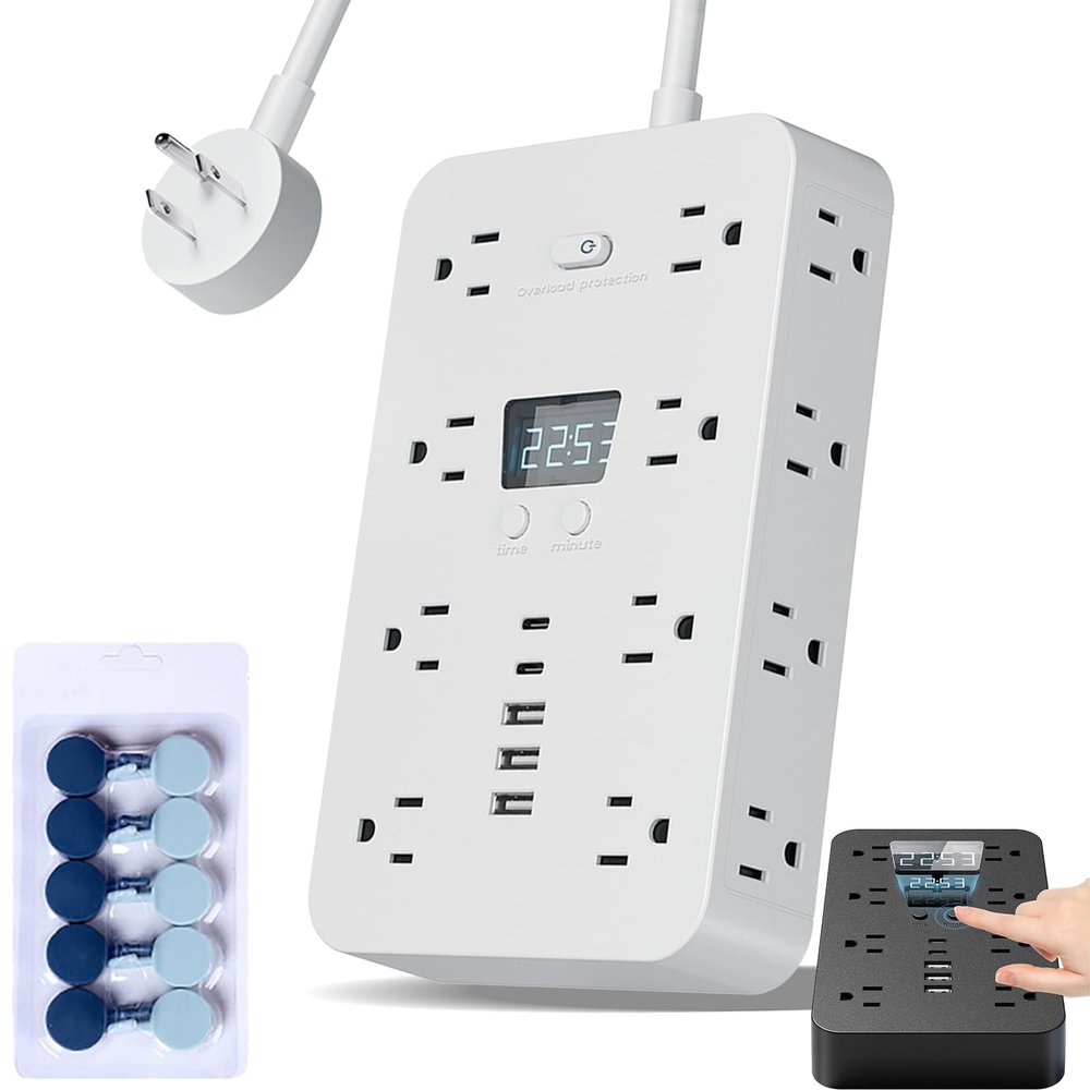 16-in-1 Power Strip with Switch & Surge Protection, 16 in 1 Surge Protector, with 6 Outlets, 2 USB-A & 2 USB-C Ports, 1 Clock, Powers Button & Super Long Cord (White,10FT)