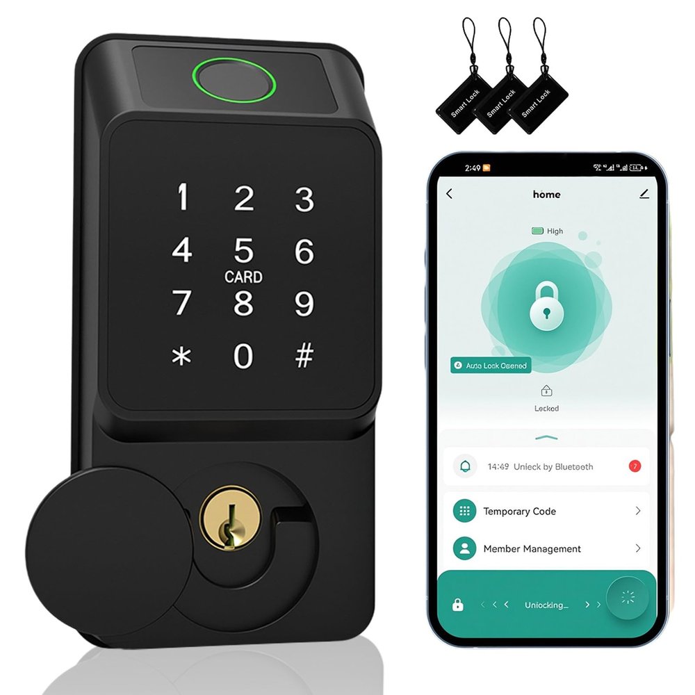 Swokely Door Smart Lock Fingerprint Password Key Card TY APP WiFi Remote Access 8 Languages for 10-12mm Frameless Glass Door Aluminum Alloy Hook
