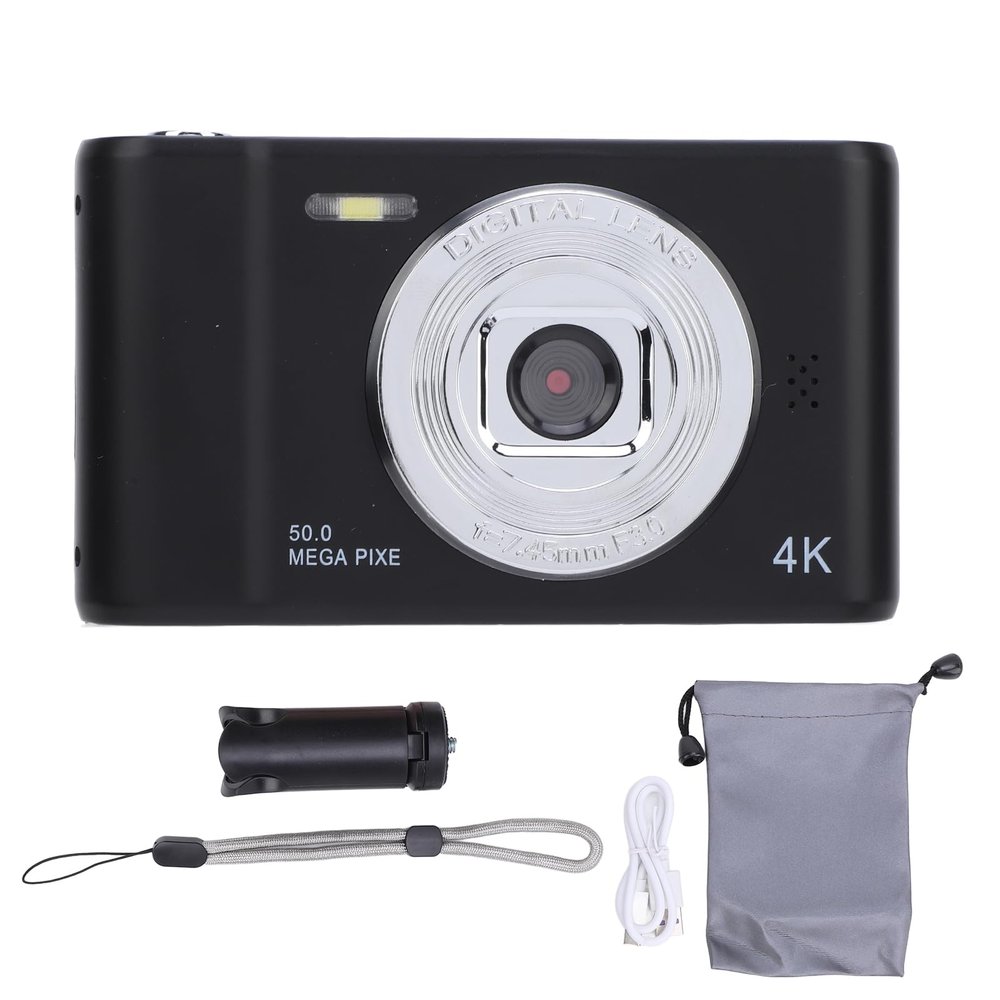Digital Camera 50MP Dual Lens, Portable Compact Black with 2.4 Inch Screen - Self Adaptive, Anti Shaking Technology for Kids and Students Vlog (Black)
