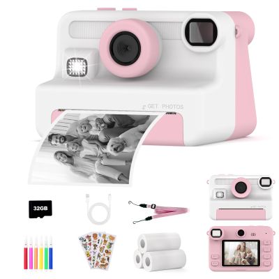 AMZSA Now Kids Camera Instant Print, 1080P Video, Children Christmas Birthday Gifts for Girls Age 3-12, Toddler Print Digital Camera Toy for 4 5 6 7 8 9 10 11 Years Old with 32GB Card,6 pens