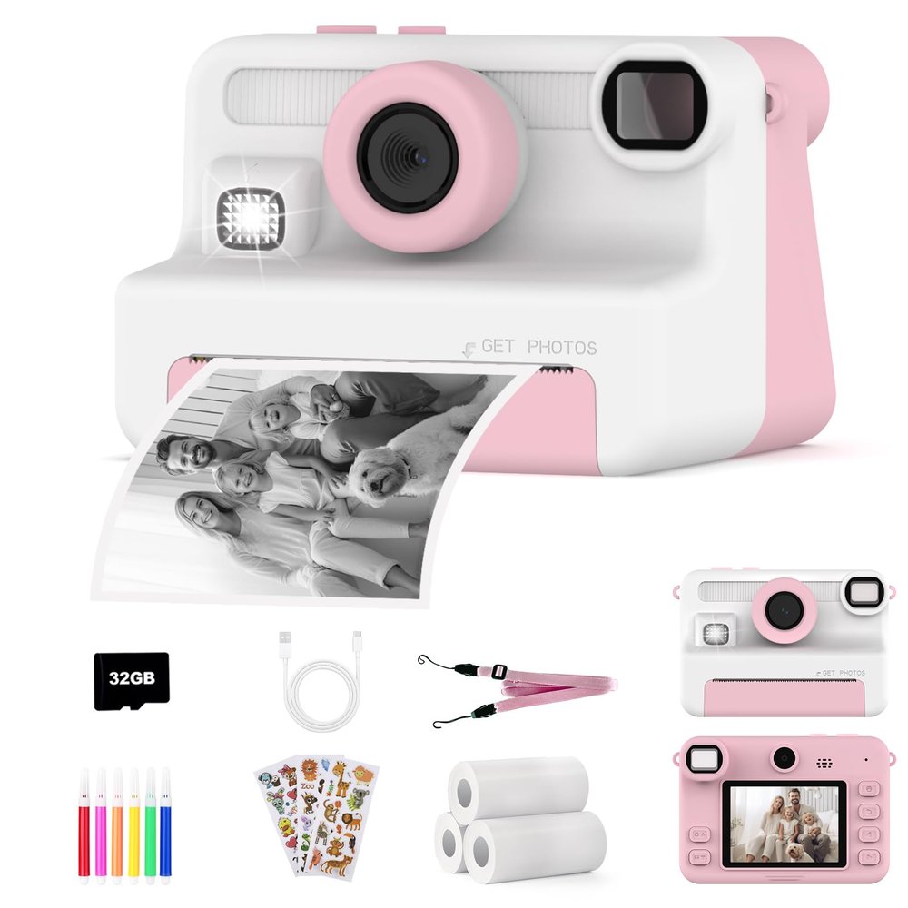 AMZSA Now Kids Camera Instant Print, 1080P Video, Children Christmas Birthday Gifts for Girls Age 3-12, Toddler Print Digital Camera Toy for 4 5 6 7 8 9 10 11 Years Old with 32GB Card,6 pens