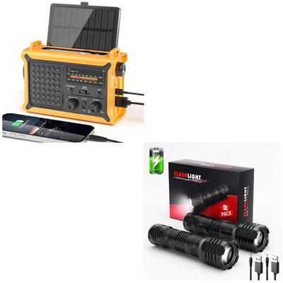 2 Pack Rechargeable Flashlights High Lumens + 12000 Emergency Weather Radio Solar Power