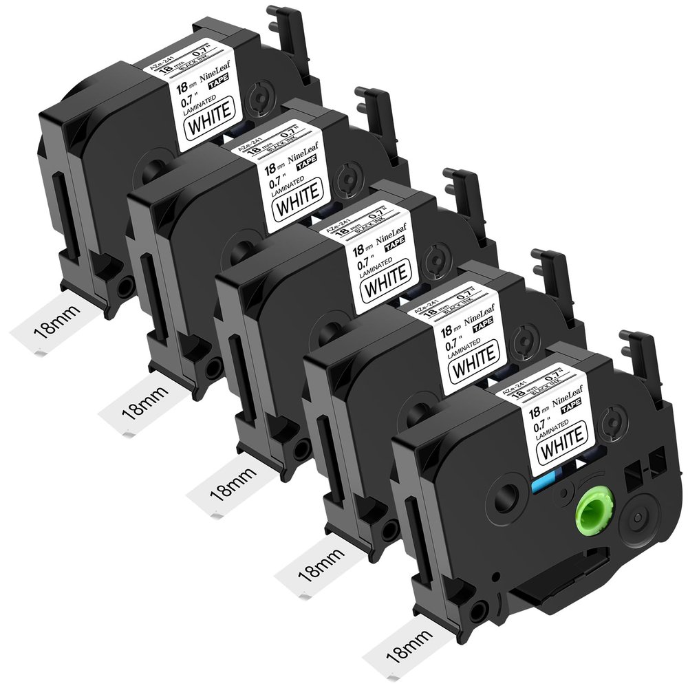 NineLeaf 5 Pack 18mm Label Tape Compatible for Brother P-Touch TZe-241 18mm 0.7'' Laminated White TZe241 TZ-241 3/4'' Black on White TZe TZ Tape for Ptouch Label Maker PT-D400 D600 D610 P700