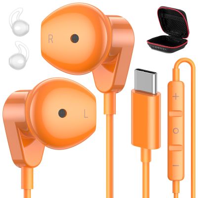 APETOO USB C Headphones for iPhone 17 Pro Max 16 15 Plus iPad USB-C Wired Earbuds with Microphone Volume Control HiFi Stereo Type C Earphones for Galaxy S26/S25/S24/S23/S22 Ultra, Pixel 10 9 8, Orange