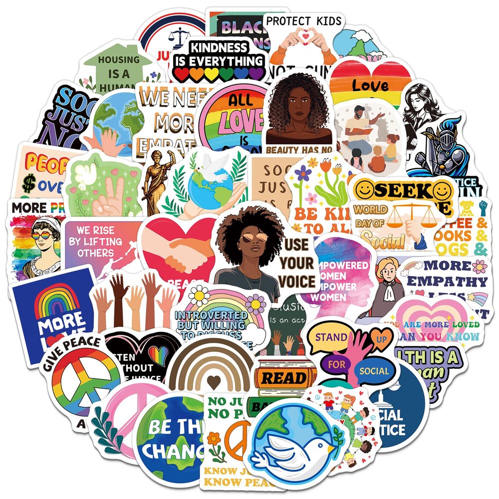 Rzaemuush 200PCS Social Justice Stickers - Human Rights, Equality & Activism Stickers, Waterproof Vinyl Decals for Water Bottle Laptop Phone, Social Worker Gifts for Men Women
