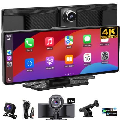 10.26 Wireless Apple CarPlay & Android Auto Touchscreen Portable Car Dashboard with 4K Front DVR, 1080P Rear Camera, GPS Navigation, Loop Recording, Mirror Link, Voice Control