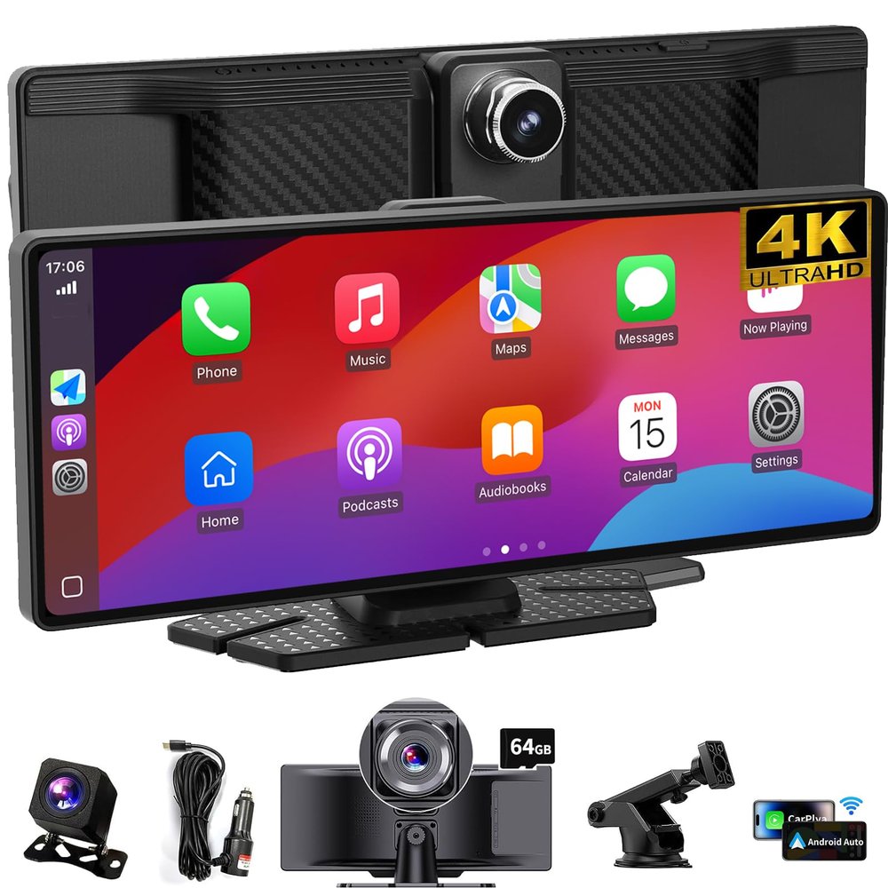 10.26 Wireless Apple CarPlay & Android Auto Touchscreen Portable Car Dashboard with 4K Front DVR, 1080P Rear Camera, GPS Navigation, Loop Recording, Mirror Link, Voice Control