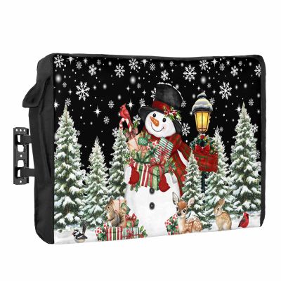 Christmas Outdoor TV Cover 80 to 85 Inches Cute Hat Snowman Xmas Box Pine Trees Snow Black Weatherproof&Waterproof TV Covers with Remote Control Pocket, Screen Protectors for Outside