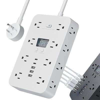 21-in-1 Power Strip with Switch & Surge Protection, 16 AC Outlets, 5 USB Ports (2 USB-C) with Time Display, Heavy Duty Flat Plug, Wall Mountable, One-Touch Switch for Home, Office (White, 1.5m5FT)