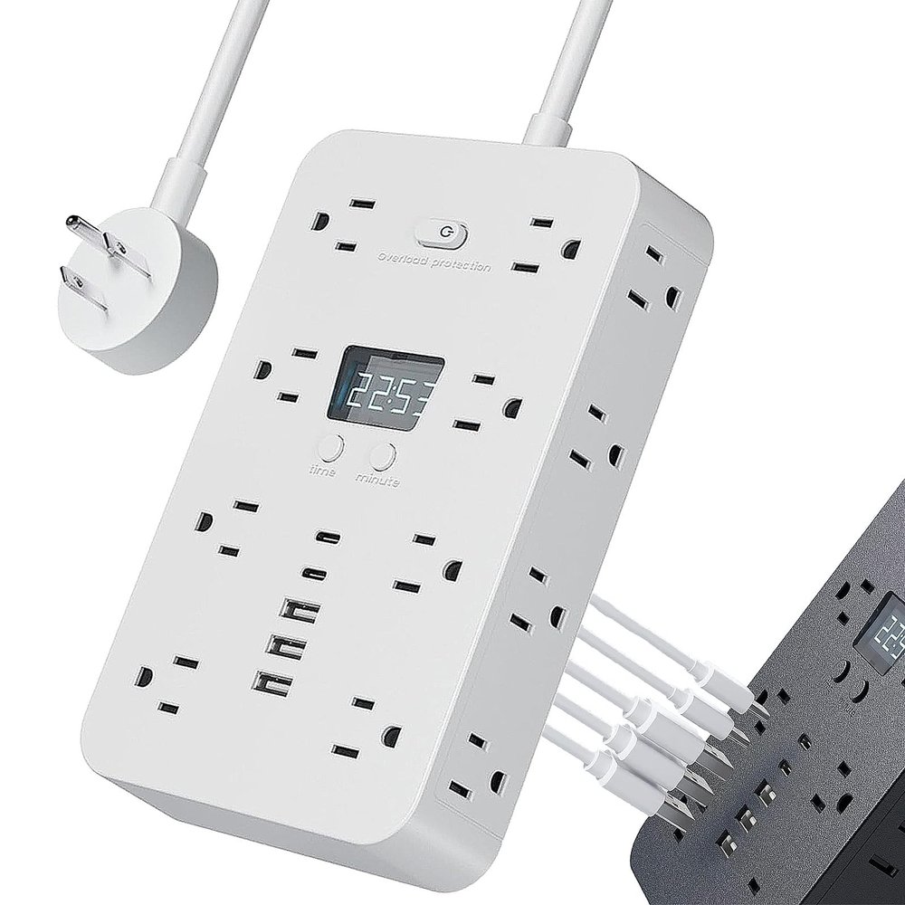 21-in-1 Power Strip with Switch & Surge Protection, 16 AC Outlets, 5 USB Ports (2 USB-C) with Time Display, Heavy Duty Flat Plug, Wall Mountable, One-Touch Switch for Home, Office (White, 1.5m5FT)