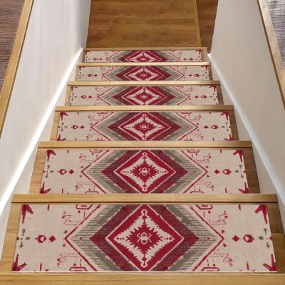 Red and Beige Ethnic Pattern Stair Treads for Wooden Steps 15 Packs 8" X 30" Non-Slip Carpet Stairway Treads Washable Stair Runner Rugs for Kids Elders Dogs
