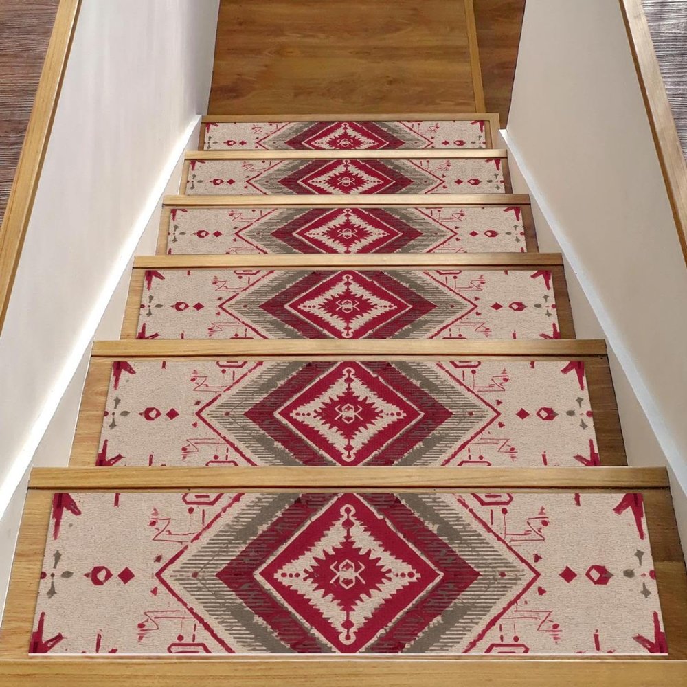 Red and Beige Ethnic Pattern Stair Treads for Wooden Steps 15 Packs 8" X 30" Non-Slip Carpet Stairway Treads Washable Stair Runner Rugs for Kids Elders Dogs