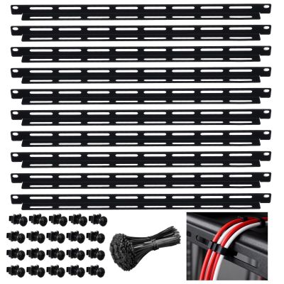 10 Pcs 19 in Rack Cable Management Kit, Including 0.5U L-Shaped Tie Bars, 20 Cabinet Screws, 100 Cable Ties, Sturdy Metal with Black Coating, Multi-Hole Design for Flexible Cabling