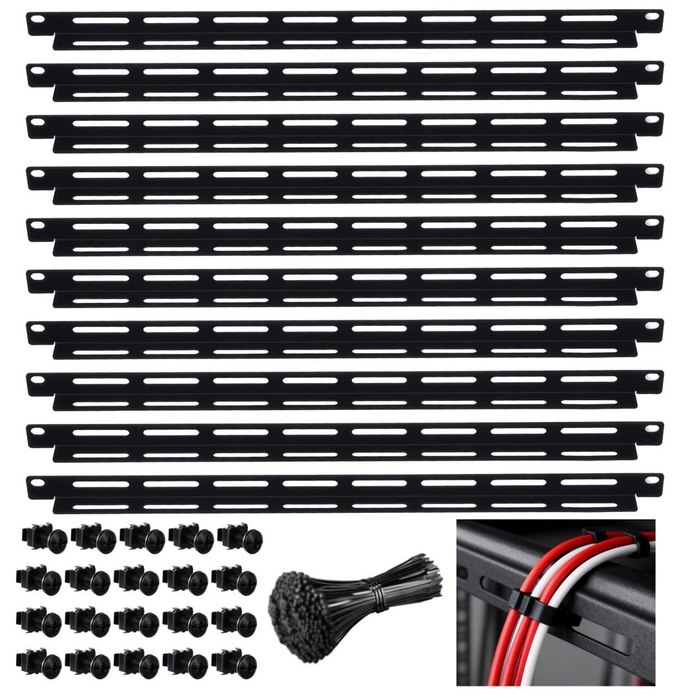 10 Pcs 19 in Rack Cable Management Kit, Including 0.5U L-Shaped Tie Bars, 20 Cabinet Screws, 100 Cable Ties, Sturdy Metal with Black Coating, Multi-Hole Design for Flexible Cabling