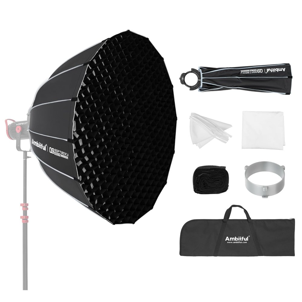 Ambitful 23.6''/60cm Quick Release Parabolic Softbox, Hexadecagon Bowens Mount Softbox with 2 Diffusers & Honeycomb Grid, Carrying Bag, Compatible with Studio Speedlite Flash and Monolight