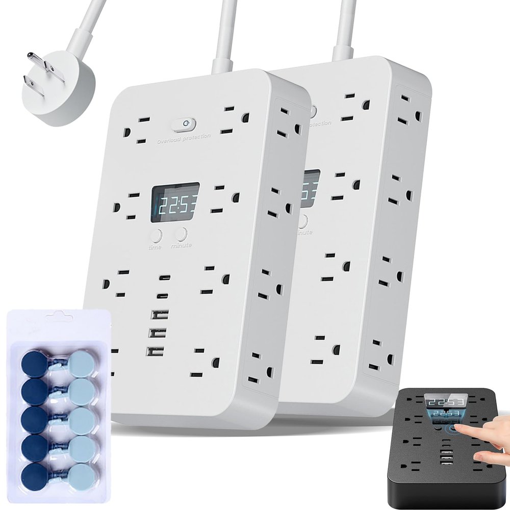 16-in-1 Power Strip with Switch & Surge Protection, 16 in 1 Surge Protector, with 6 Outlets, 2 USB-A & 2 USB-C Ports, 1 Clock, Powers Button & Super Long Cord (White,5&10FT)