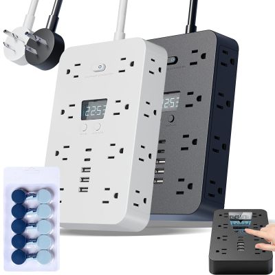 16-in-1 Power Strip with Switch & Surge Protection, 16 in 1 Surge Protector, with 6 Outlets, 2 USB-A & 2 USB-C Ports, 1 Clock, Powers Button & Super Long Cord (Black & White,5&10FT)