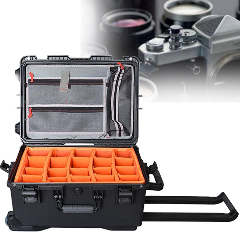 ZHIXUMM 2-in-1 Wheeled Camera Backpack, Rolling Luggage Case with Handle and Anti-Shock Dividers, Weatherproof Hard Case, Ip67 Waterproof Case for Camera, for Cameras, Drones, and Gear Black