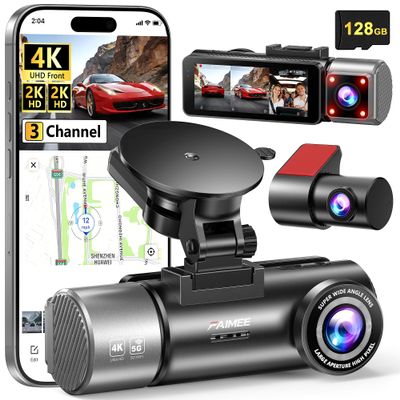4K+2K+2K 3 Channel Dash Cam Front and Rear, 128GB Card Included, Dash Camera for Cars 5.8G/2.4G Dual Wifi, Built-in GPS, Night Vision, WDR, 170Wide Angle, G-Sensor Emergency Lock, 24H Parking Monitor