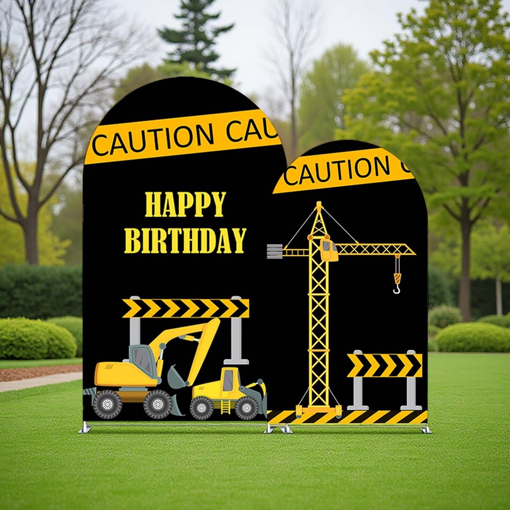 2Pcs Construction Birthday Arch Backdrop Covers, Black and Yellow Caution Sign Spandex Fabric Backdrops with Excavator and Crane Design for Kids Party Decorations (Set of 7.2ft,6ft)