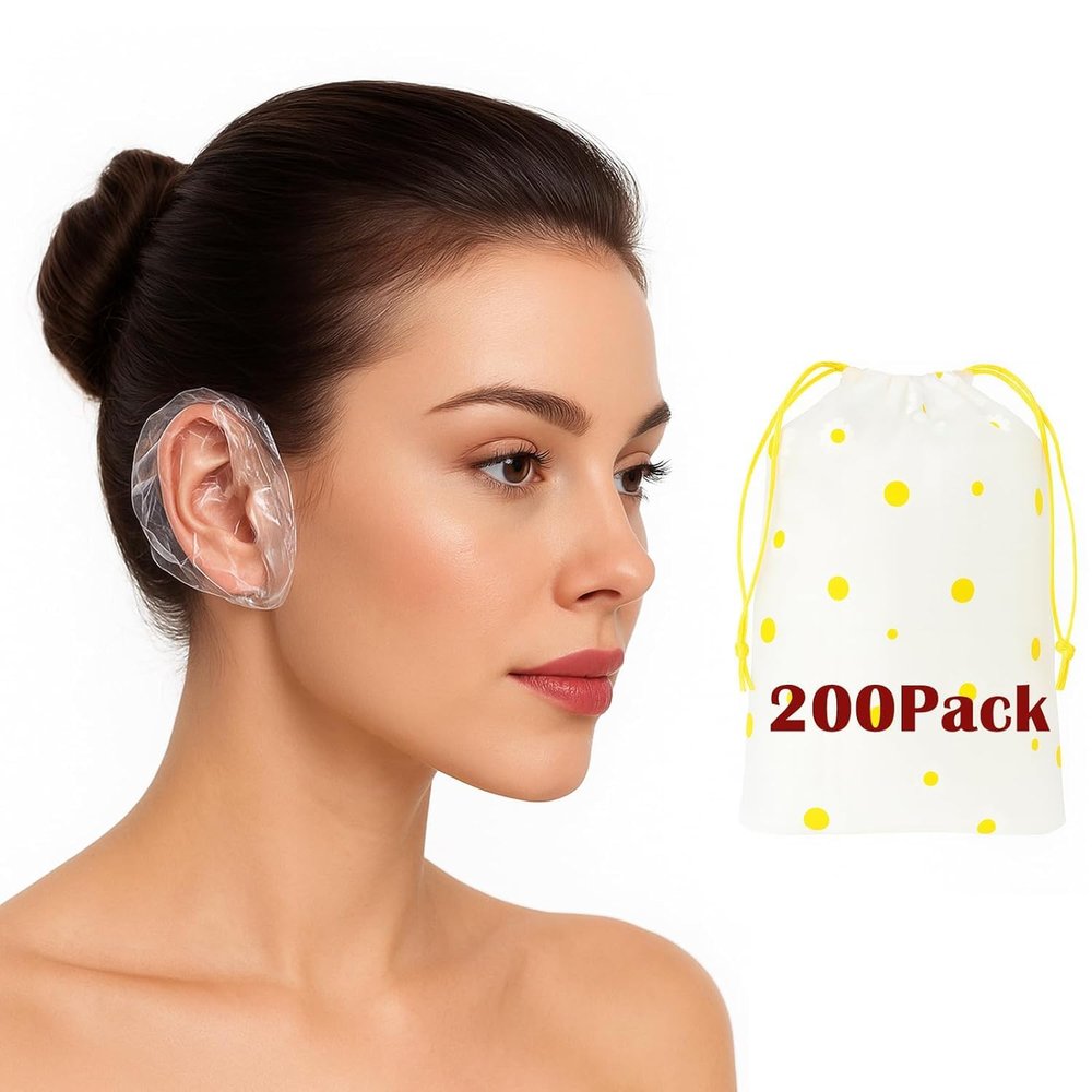 200 Pack Disposable Waterproof Ear Covers for Shower & Hair Dye Clear Plastic Ear Caps with Soft Elastic, One Size for Adults, with Drawstring Storage Pouch for Neat, Travel-Ready Carry