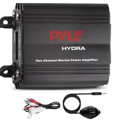 Pyle 2-Channel Marine Amplifier, 400W Waterproof Amplifier for Boat Stereo Systems, Compact Marine Audio Amplifier with Wired Volume Control, RCA/AUX/MP3 Input, Weatherproof Design for Outdoor Use