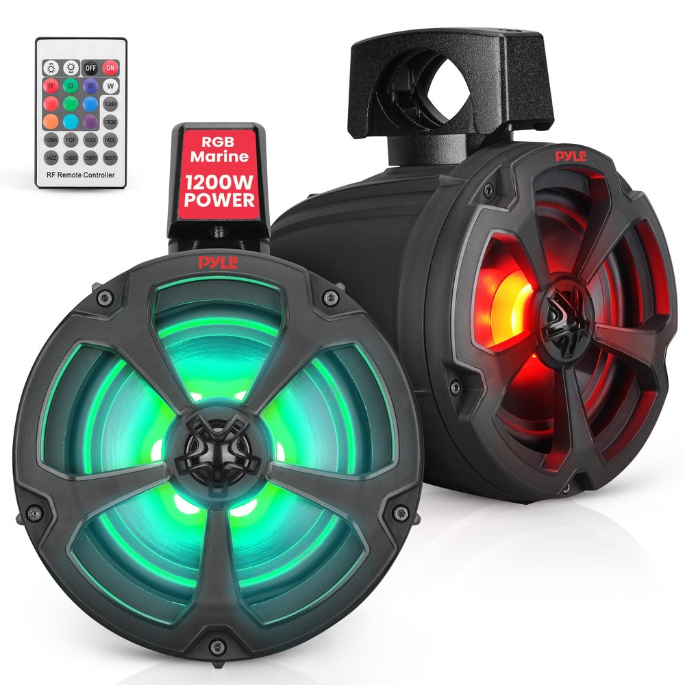 Pyle 6.5 Off-Road Speakers, 1200W Marine Grade Speakers with RGB Lights & Remote, Amplified Vehicle Speakers for ATV, UTV Sound System, 4x4, Jeep & Marine Watercraft, Bluetooth, Aux Input