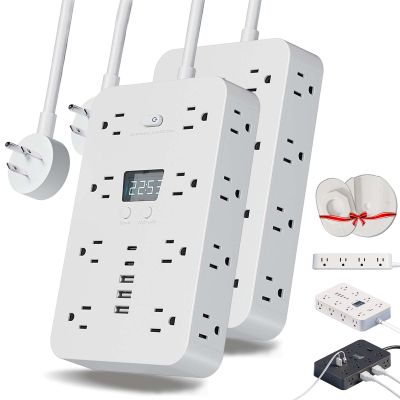 16-in-1 Power Strip with Switch & Surge Protection, ETL Listed Fireproof Power Strip, Multiple Outlet Surge Outlet Splitter, Include 16 AC 3 USB Ports 2 USB C 1 Clock (2PCS-White,10FT)