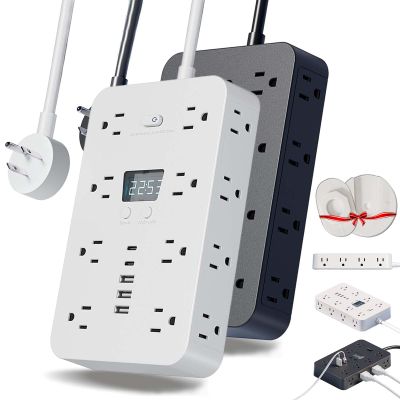 16-in-1 Power Strip with Switch & Surge Protection, ETL Listed Fireproof Power Strip, Multiple Outlet Surge Outlet Splitter, Include 16 AC 3 USB Ports 2 USB C 1 Clock (2PCS,10FT)