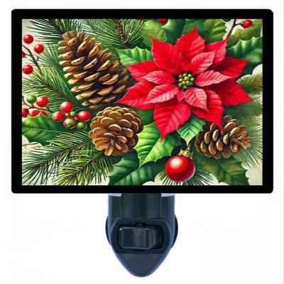 LED Night Light, Pines and Poinsettia Christmas Design, Fully Enclosed, Rotating Plug, Glass Front