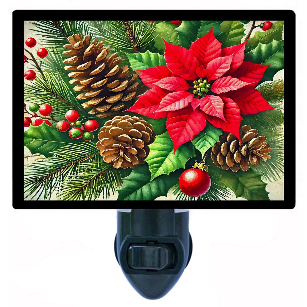 LED Night Light, Pines and Poinsettia Christmas Design, Fully Enclosed, Rotating Plug, Glass Front