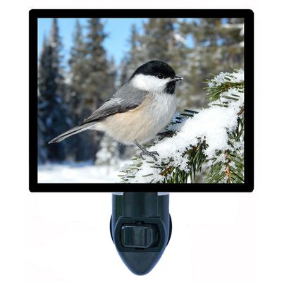 LED Night Light, Chickadee on Snowy Fir Winter Bird Design, Fully Enclosed, Rotating Plug, Glass Front