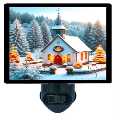 LED Night Light, Silent Night Chapel Christmas Church Design, Fully Enclosed, Rotating Plug, Glass Front