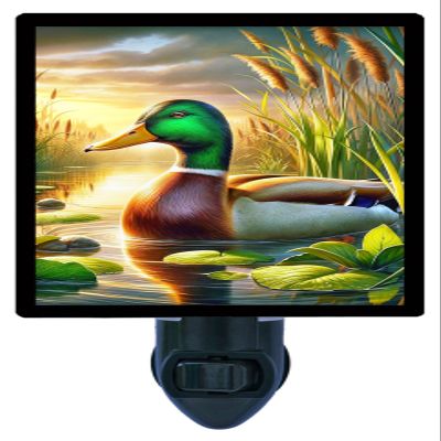 LED Night Light, Setting Sun Mallard Duck Design, Fully Enclosed, Rotating Plug, Glass Front