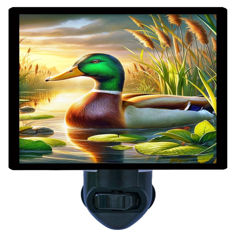 LED Night Light, Setting Sun Mallard Duck Design, Fully Enclosed, Rotating Plug, Glass Front