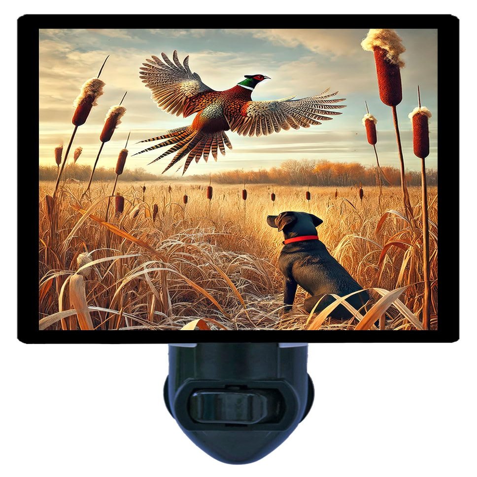 Hunters Gaze Night Light Pheasant Hunting Design, Fully Enclosed, Rotating Plug, Glass Front, 4 Watt Bulb