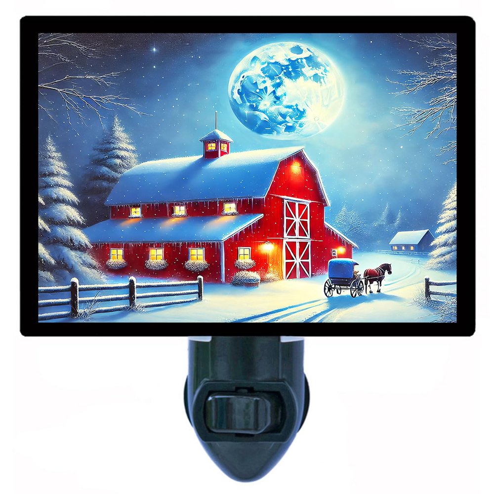 LED Night Light, Moolight Stroll Country Barn Design, Fully Enclosed, Rotating Plug, Glass Front