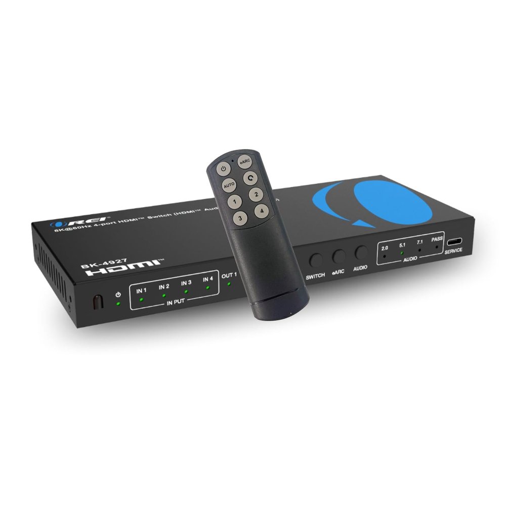 OREI 8K 4-Port HDMI Audio Extractor Switch 4x1 with eARC/ARC Support 48Gbps HDMI 2.1, 4K@120Hz, Dolby Vision, Dolby Atmos, CEC, HDR10+, eARC to HDMI Output for AV Receiver, Remote Control BK-4927