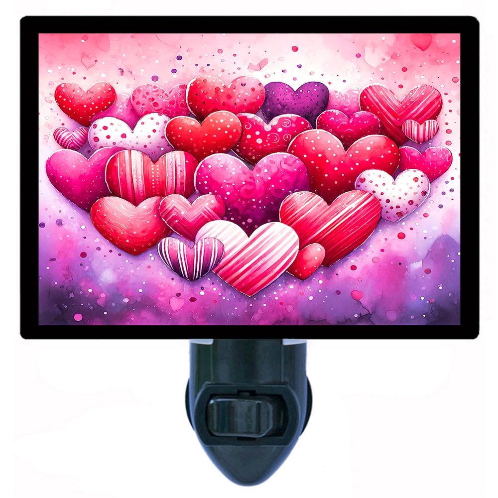 Hearts and More Hearts Night Light Valentine's Day Design, Fully Enclosed, Rotating Plug, Glass Front, 4 Watt Bulb