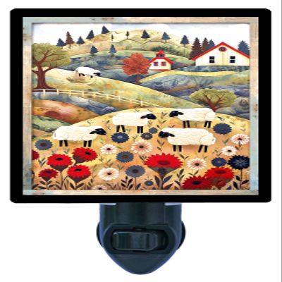 Countryside Sheep Night Light Folk Landscape Design, Fully Enclosed, Rotating Plug, Glass Front, 4 Watt Bulb