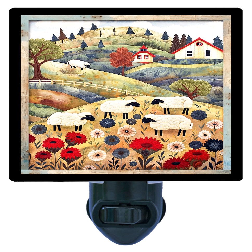 Countryside Sheep Night Light Folk Landscape Design, Fully Enclosed, Rotating Plug, Glass Front, 4 Watt Bulb