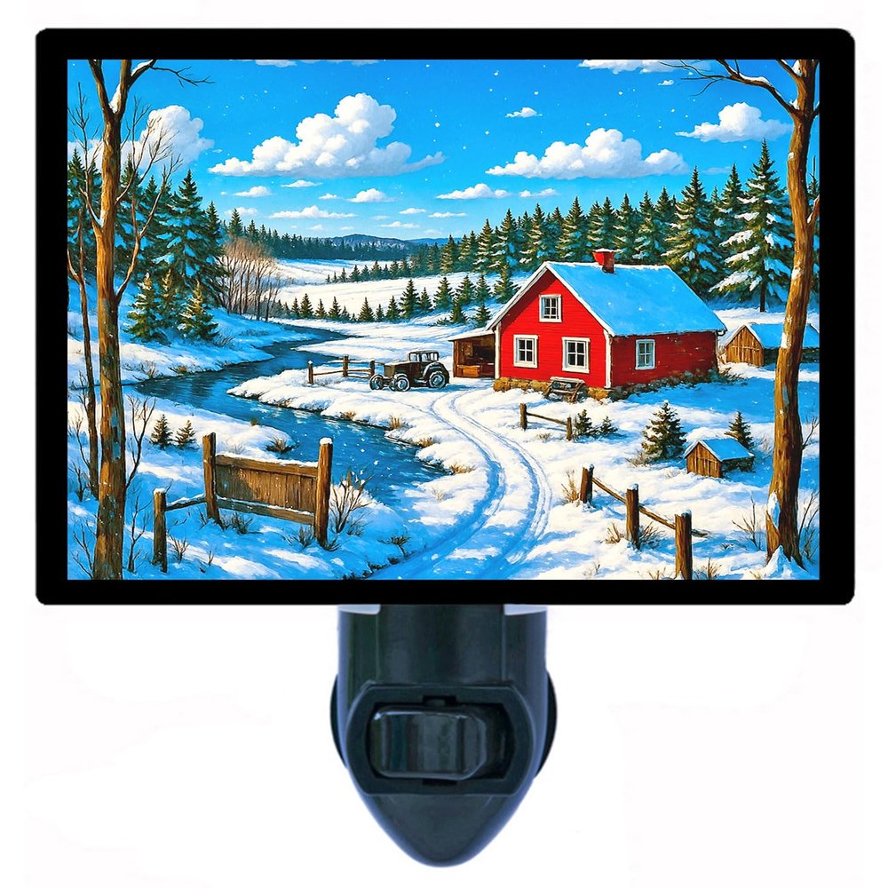Winter's Edge Night Light Winter Landscape Design, Fully Enclosed, Rotating Plug, Glass Front, 4 Watt Bulb