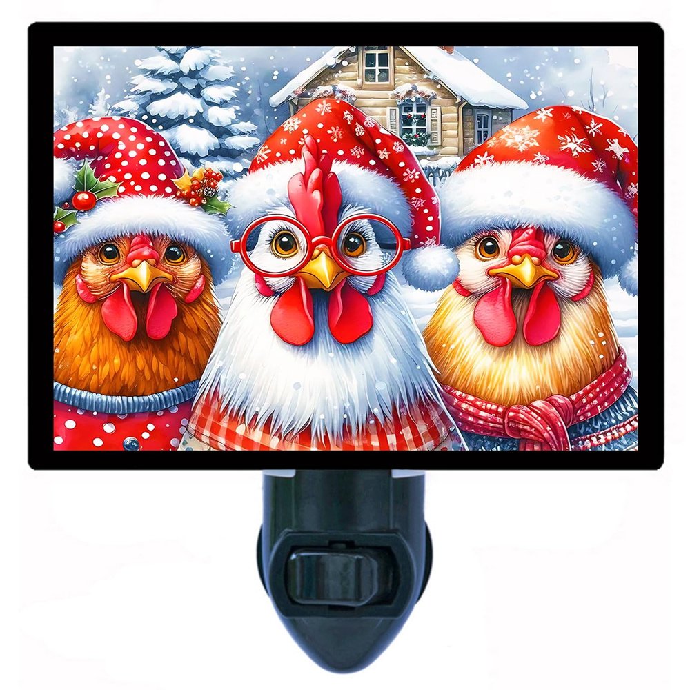 Christmas Chickens Night Light Humerous Chicken Design, Fully Enclosed, Rotating Plug, Glass Front, 4 Watt Bulb