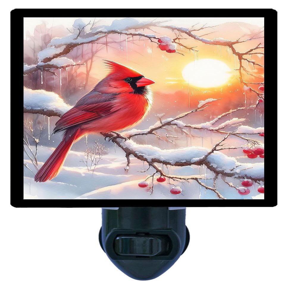 LED Night Light, Winters Radiance Winter Cardinal Design, Fully Enclosed, Rotating Plug, Glass Front