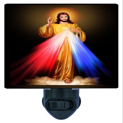 LED Night Light, Divine Mercy Religious Jesus Christ Design, Fully Enclosed, Rotating Plug, Glass Front