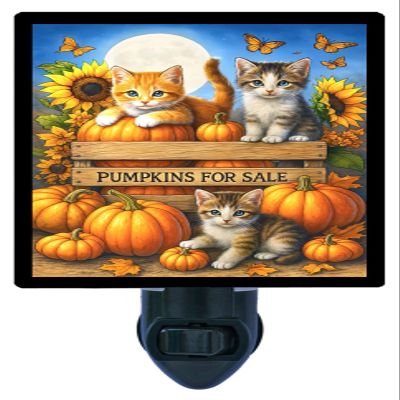 Pumpkins for Sale Night Light Fall Kitten and Pumpkins Design, Fully Enclosed, Rotating Plug, Glass Front, 4 Watt Bulb
